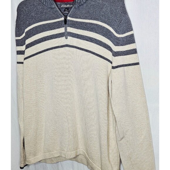 Eddie Bauer Men's 1/4 Zip Mock Neck Sweater Gray Off White Stripe Large - Picture 2 of 6